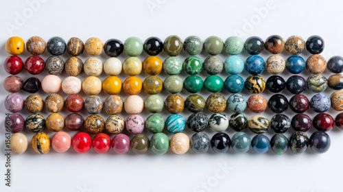Assortment of multicolored natural stone beads arranged flat on a white surface--ideal for decorative or design use