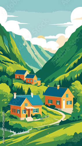 Houses scattered across a vibrant green mountain valley landscape.
