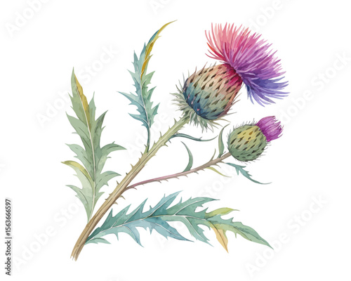 watercolor Thistle branch vector illustration isolated on white background