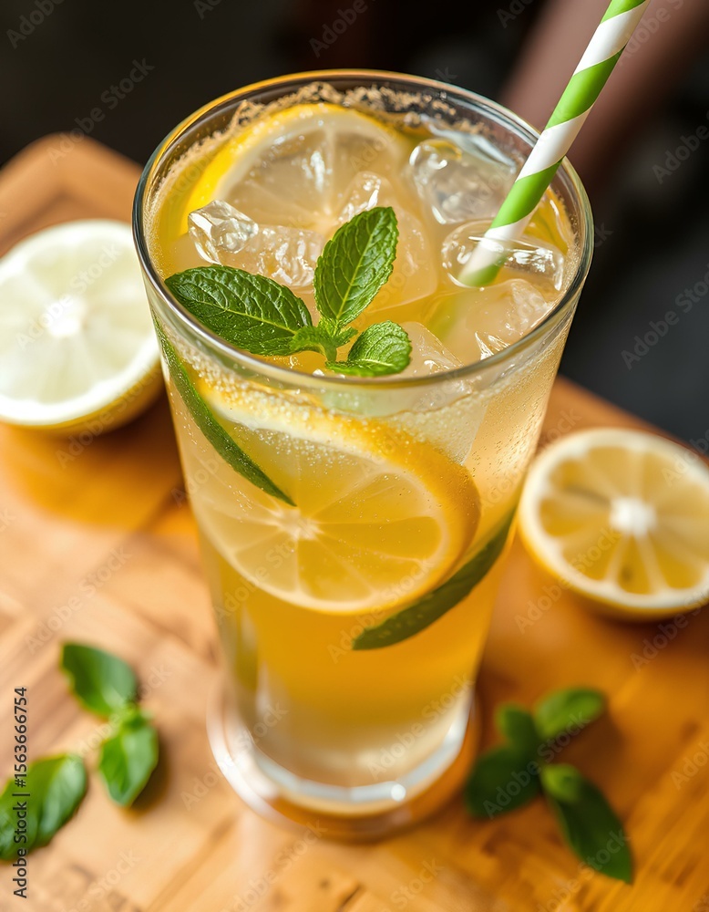 Fototapeta premium Refreshing iced tea with lemon slices, mint leaves, and a striped straw, presented on a wooden surface.
