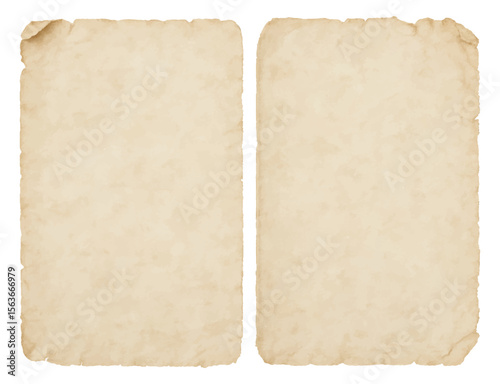 Vintage paper background with old parchment texture. Two blank aged torn sheets for antique historical or rustic design