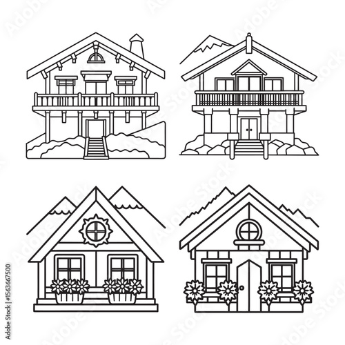line art of swiss alpine chalet nestled in snowy set bundle on the white background