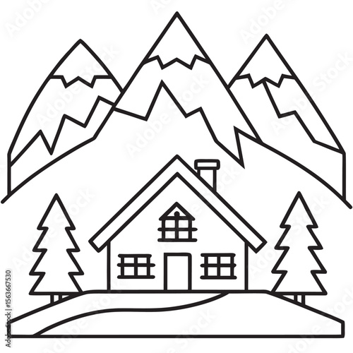 line art of swiss alpine chalet nestled in snowy set bundle on the white background