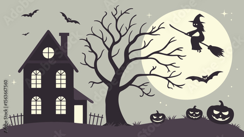 Collection of Halloween silhouettes. Haunted house, creepy tree, flying witch, pumpkins, halloween ghost, owl, coffin lid etc