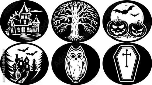 Collection of Halloween silhouettes. Haunted house, creepy tree, flying witch, pumpkins, halloween ghost, owl, coffin lid etc