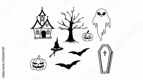 Collection of Halloween silhouettes. Haunted house, creepy tree, flying witch, pumpkins, halloween ghost, owl, coffin lid etc