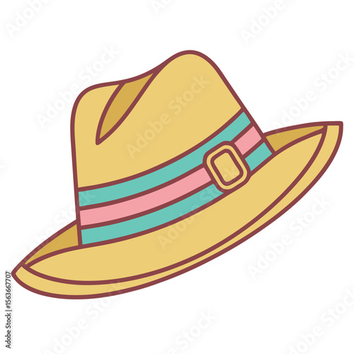 Stylish yellow fedora hat with colorful band isolated on white background