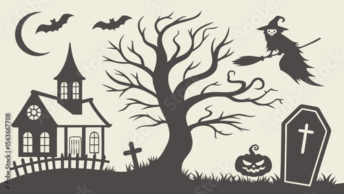 Collection of Halloween silhouettes. Haunted house, creepy tree, flying witch, pumpkins, halloween ghost, owl, coffin lid etc