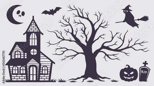 Collection of Halloween silhouettes. Haunted house, creepy tree, flying witch, pumpkins, halloween ghost, owl, coffin lid etc