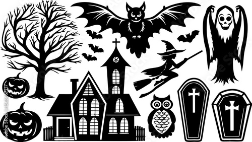 Collection of Halloween silhouettes. Haunted house, creepy tree, flying witch, pumpkins, halloween ghost, owl, coffin lid etc