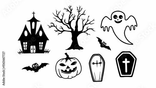 Collection of Halloween silhouettes. Haunted house, creepy tree, flying witch, pumpkins, halloween ghost, owl, coffin lid etc