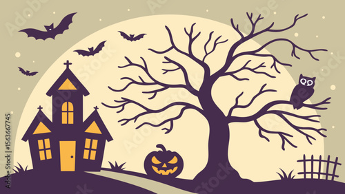 Collection of Halloween silhouettes. Haunted house, creepy tree, flying witch, pumpkins, halloween ghost, owl, coffin lid etc