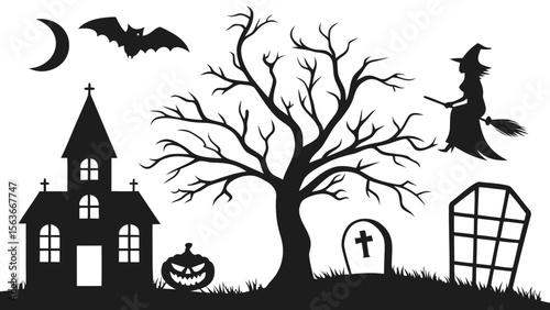 Collection of Halloween silhouettes. Haunted house, creepy tree, flying witch, pumpkins, halloween ghost, owl, coffin lid etc