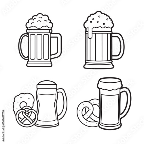 line art of german beer stein filled with frothy set bundle on the white background