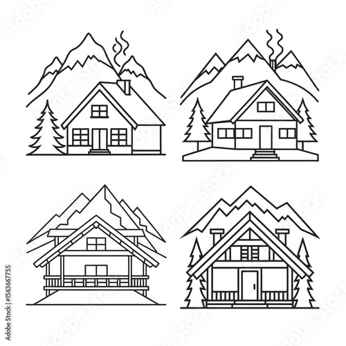 line art of swiss alpine chalet nestled in snowy set bundle on the white background