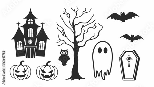 Collection of Halloween silhouettes. Haunted house, creepy tree, flying witch, pumpkins, halloween ghost, owl, coffin lid etc