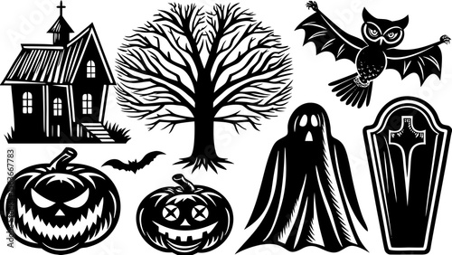 Collection of Halloween silhouettes. Haunted house, creepy tree, flying witch, pumpkins, halloween ghost, owl, coffin lid etc