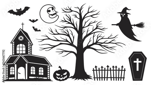 Collection of Halloween silhouettes. Haunted house, creepy tree, flying witch, pumpkins, halloween ghost, owl, coffin lid etc