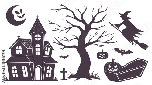 Collection of Halloween silhouettes. Haunted house, creepy tree, flying witch, pumpkins, halloween ghost, owl, coffin lid etc