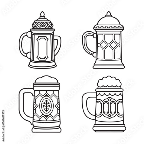 line art of german beer stein filled with frothy set bundle on the white background