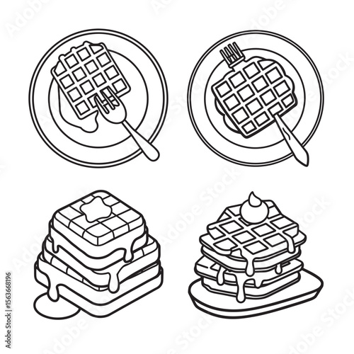 line art of belgian waffle topped with whipped set bundle on the white background