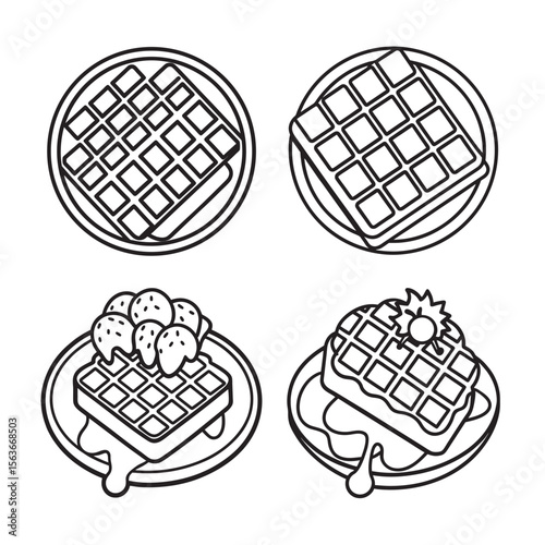 line art of belgian waffle topped with whipped set bundle on the white background