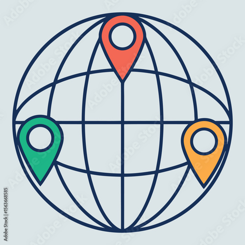 Global location pins on a stylized globe isolated on white background