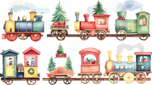 Watercolor Christmas Train Set with Trees Gifts and Santa s Helpers on a White Background