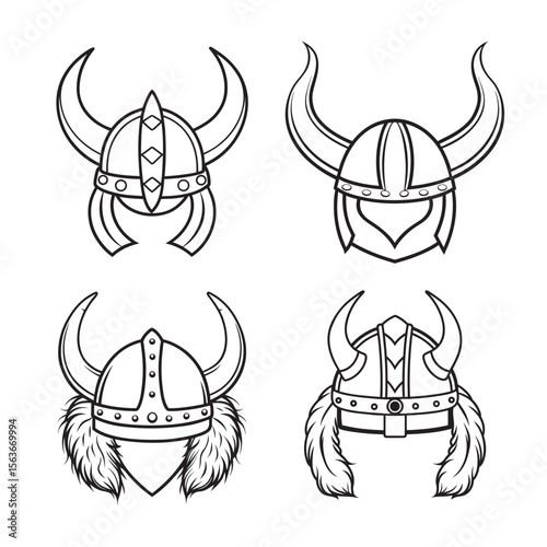 line art of viking helmet with battle worn scratch set bundle on the white background