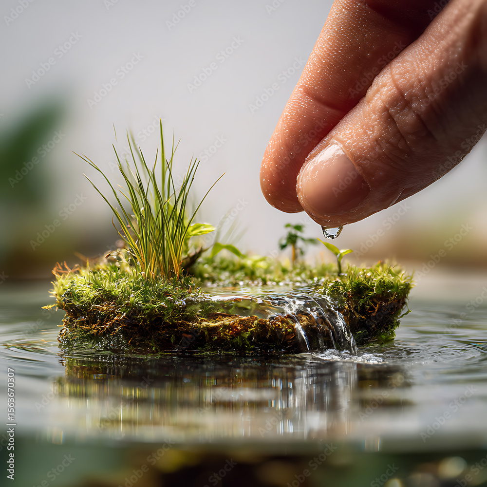 Fototapeta premium Fingertip ecosystem with small areas of bright green grass and natural water sources