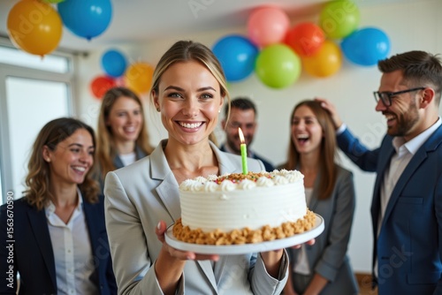 A white woman in a suit holds a birthday cake with a candle, surrounded by laughing coworkers. The office is decorated with colorful balloons