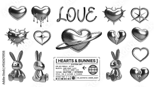 Set of chrome hearts and plush bunnies in Y2K halftone style with pixel dither texture, including cracked, dripping, spiked and ringed variations