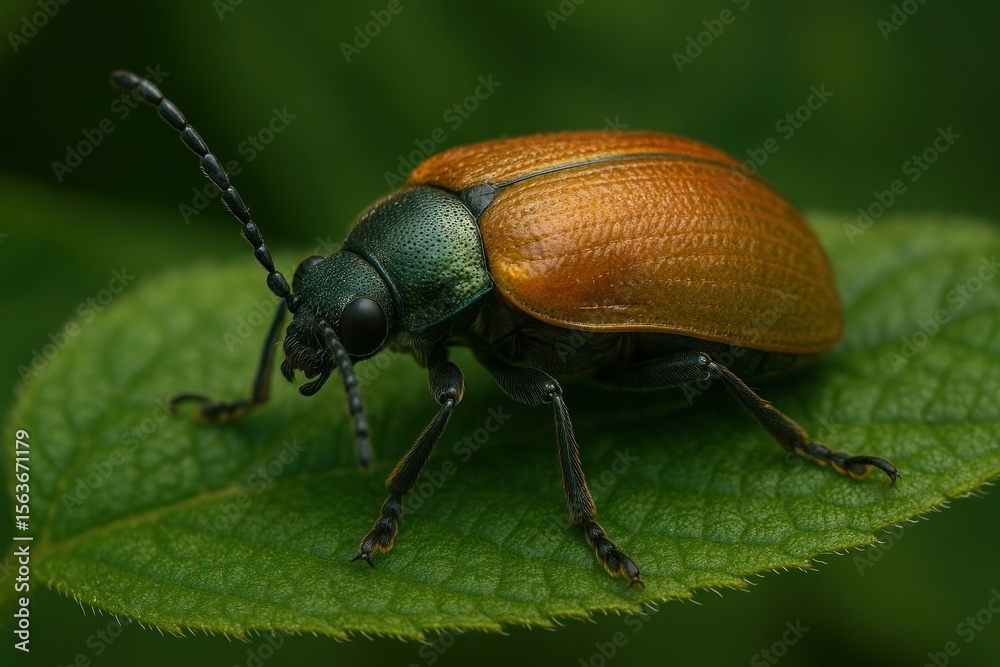 Naklejka premium Vibrant beetle on green leaf.