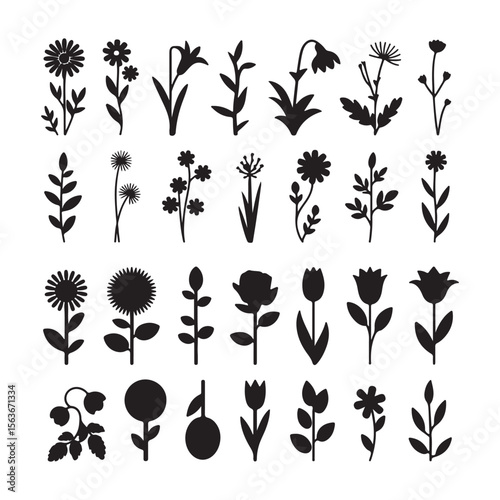 Botanical Flower And Leaf Silhouette Icon Set - Nature Vector.