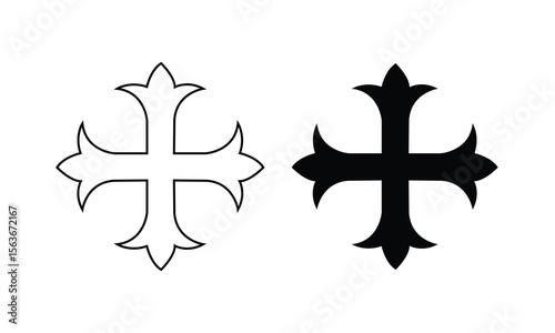 Minimalist gothic cross symbols in black and outline versions on a white background. Perfect for tattoo designs, heraldry, religious symbolism, medieval art, and vector illustrations.