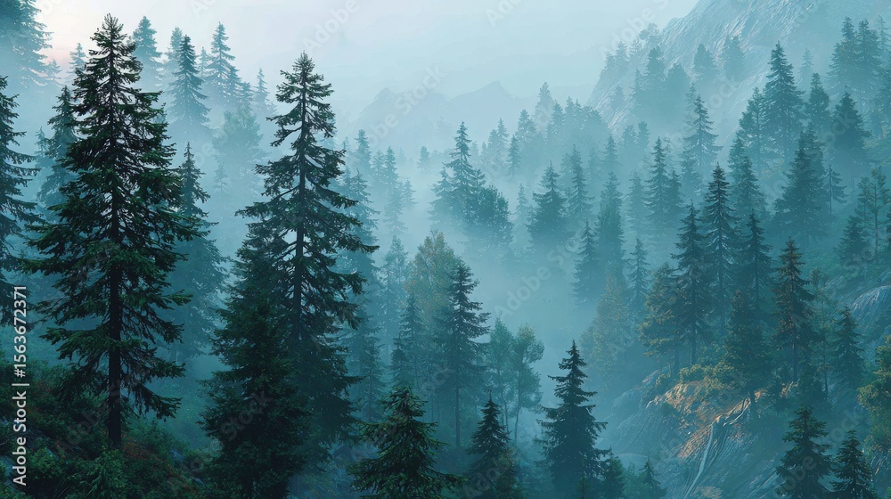 Obraz premium Misty Mountain Forest at Dawn Serene Blue and Green Landscape