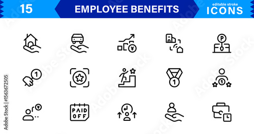 Employee Benefits Icon Set Representing Health, Retirement, Paid Leave, Bonuses, and Work-Life Balance Concepts in a Professional, Minimal Vector Design