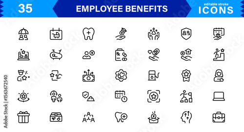Employee Benefits Icon Set Representing Health, Retirement, Paid Leave, Bonuses, and Work-Life Balance Concepts in a Professional, Minimal Vector Design