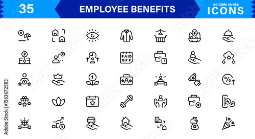 Employee Benefits Icon Set Representing Health, Retirement, Paid Leave, Bonuses, and Work-Life Balance Concepts in a Professional, Minimal Vector Design