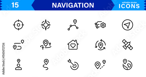 Navigation Icon Set Featuring Map, Compass, Direction, Location, and GPS Concepts in a Simple, Download-Ready, and Professional Vector Style