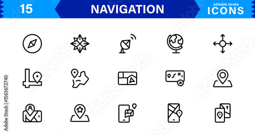 Navigation Icon Set Featuring Map, Compass, Direction, Location, and GPS Concepts in a Simple, Download-Ready, and Professional Vector Style