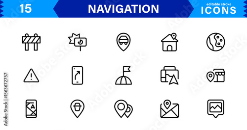 Navigation Icon Set Featuring Map, Compass, Direction, Location, and GPS Concepts in a Simple, Download-Ready, and Professional Vector Style