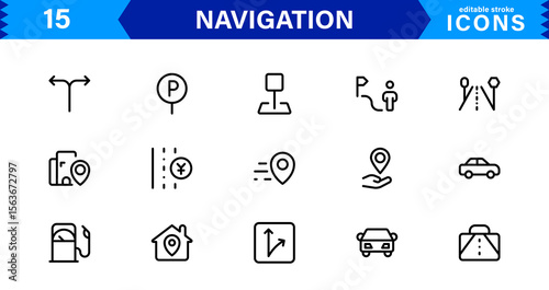 Navigation Icon Set Featuring Map, Compass, Direction, Location, and GPS Concepts in a Simple, Download-Ready, and Professional Vector Style
