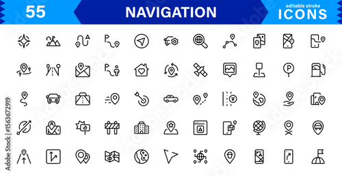 Navigation Icon Set Featuring Map, Compass, Direction, Location, and GPS Concepts in a Simple, Download-Ready, and Professional Vector Style