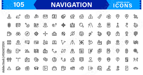 Navigation Icon Set Featuring Map, Compass, Direction, Location, and GPS Concepts in a Simple, Download-Ready, and Professional Vector Style
