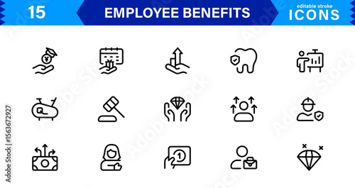 Employee Benefits Icon Set Representing Health, Retirement, Paid Leave, Bonuses, and Work-Life Balance Concepts in a Professional, Minimal Vector Design