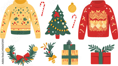 Festive Christmas Elements with Sweaters Tree Gifts Wreath and Candy Canes on White Background