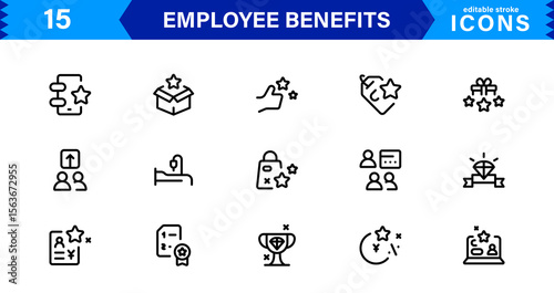 Employee Benefits Icon Set Representing Health, Retirement, Paid Leave, Bonuses, and Work-Life Balance Concepts in a Professional, Minimal Vector Design
