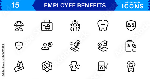 Employee Benefits Icon Set Representing Health, Retirement, Paid Leave, Bonuses, and Work-Life Balance Concepts in a Professional, Minimal Vector Design