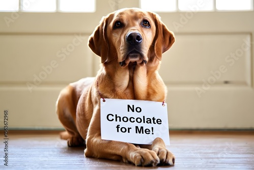 A cute golden labrador dog lies on the floor wearing a sign that says no chocolate for me